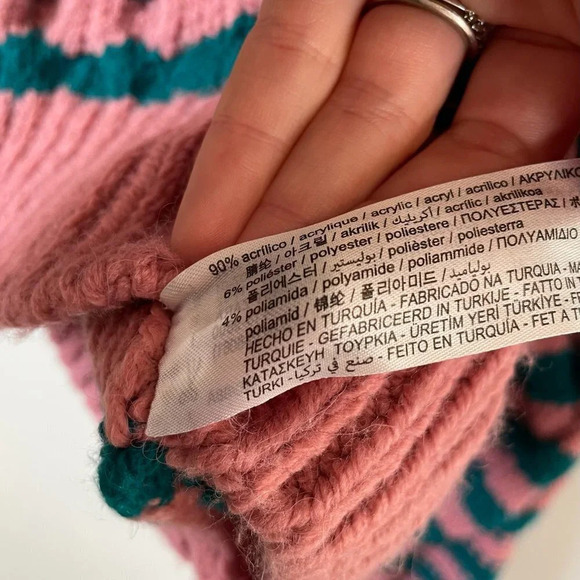 Zara Blogger Fave Striped Textured Knit Peter Pan Collared Sweater Pink & Teal M - Picture 9 of 10